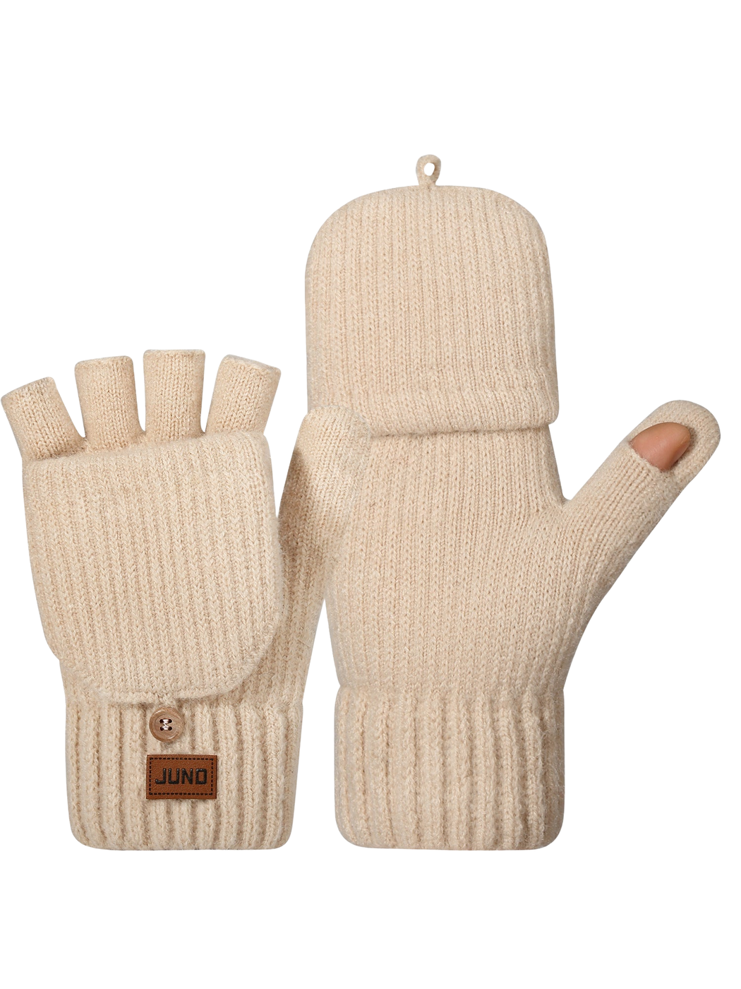 Cream convertible mittens with fold-back finger covers