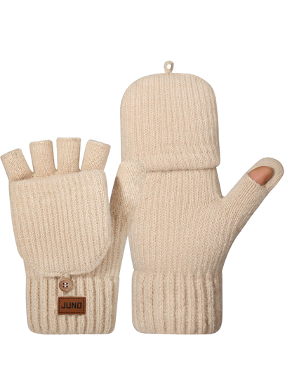Cream convertible mittens with fold-back finger covers