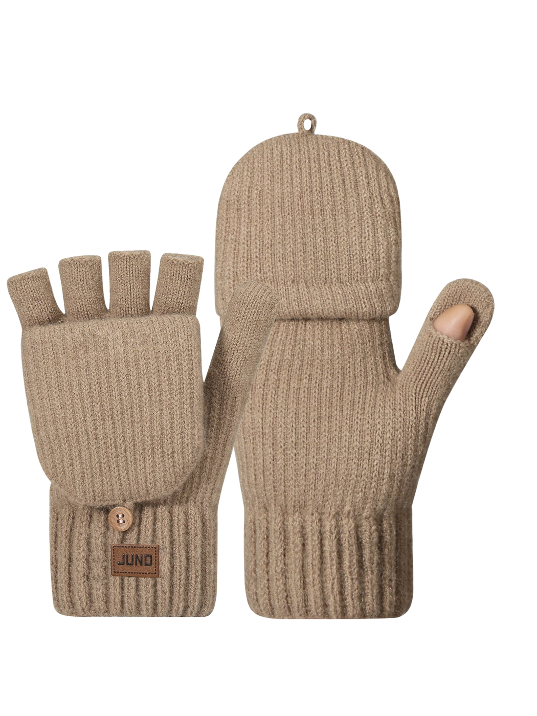 Khaki convertible mittens with fold-back finger covers