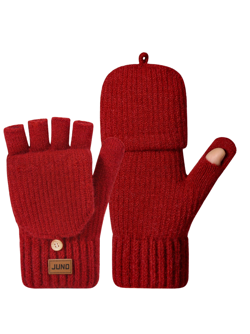Red convertible mittens with fold-back finger covers