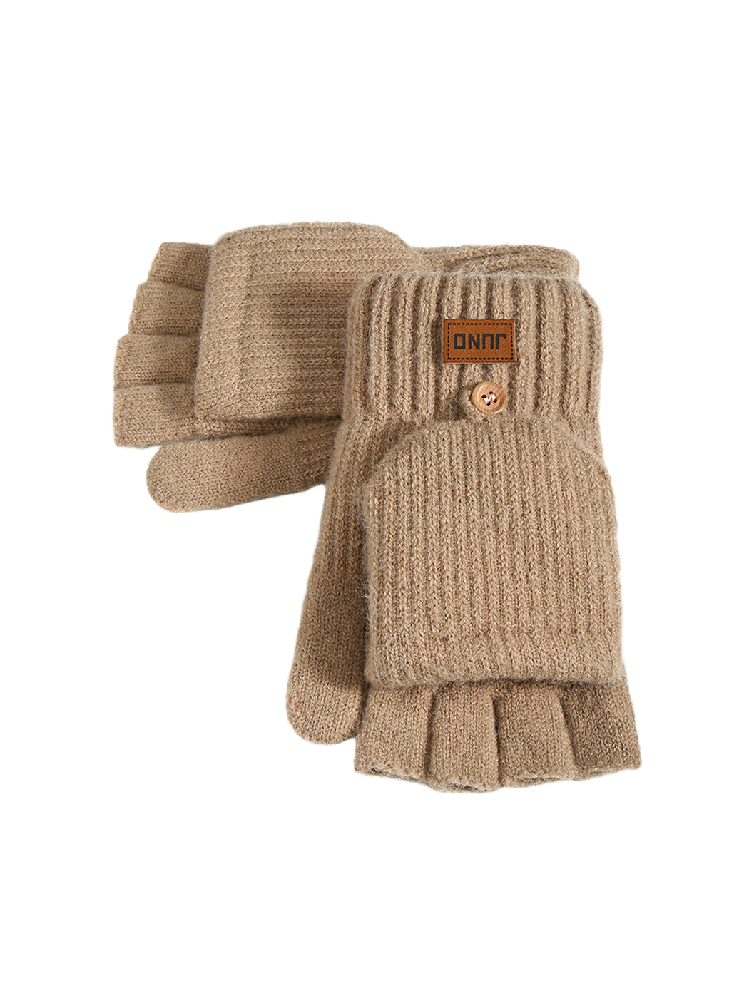 Khaki convertible mittens arranged flat with fold-back covers open