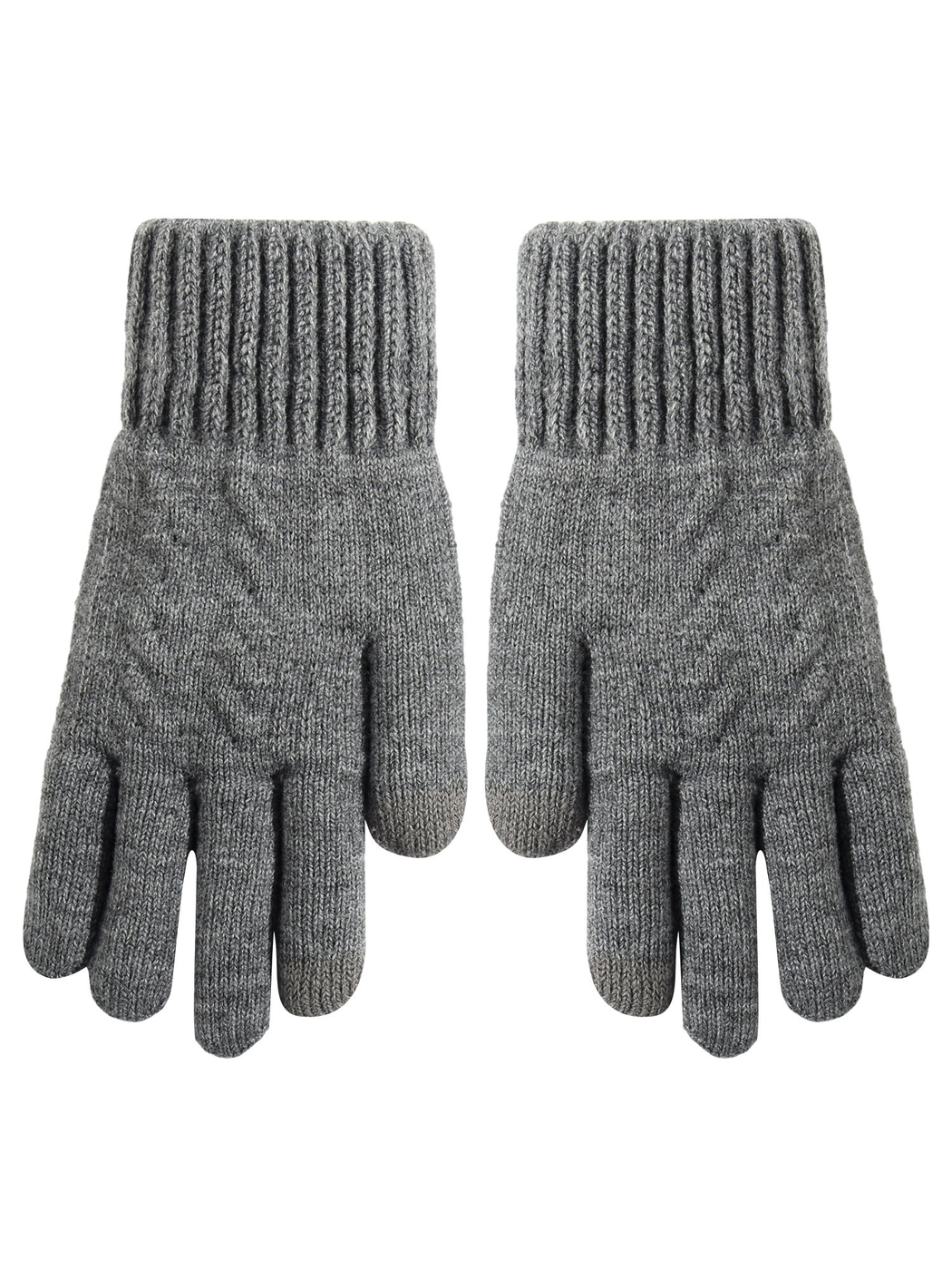 Gray knit gloves with ribbed cuffs, front and back views