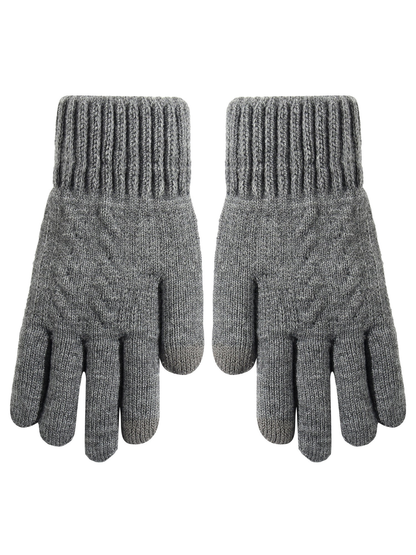 Gray knit gloves with ribbed cuffs, front and back views