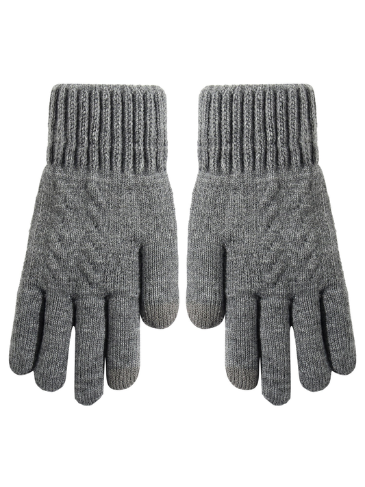 Gray knit gloves with ribbed cuffs, front and back views