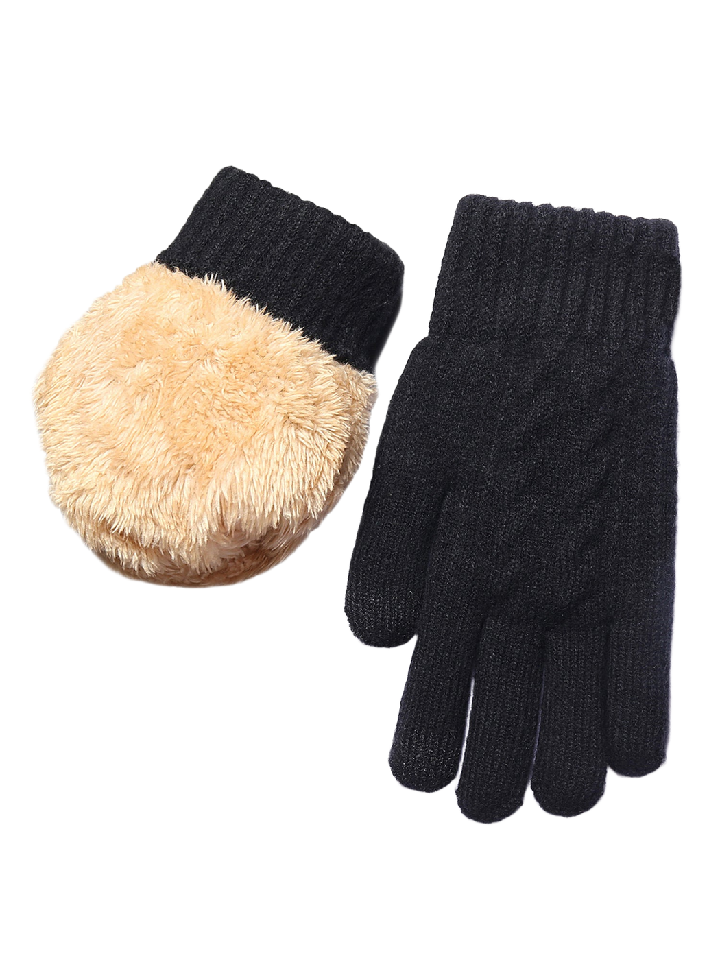 Black knit gloves with ribbed cuffs and plush interior view