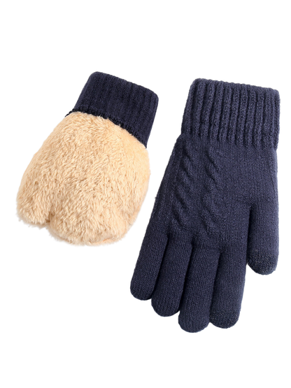 Navy knit gloves with ribbed cuffs and plush interior view