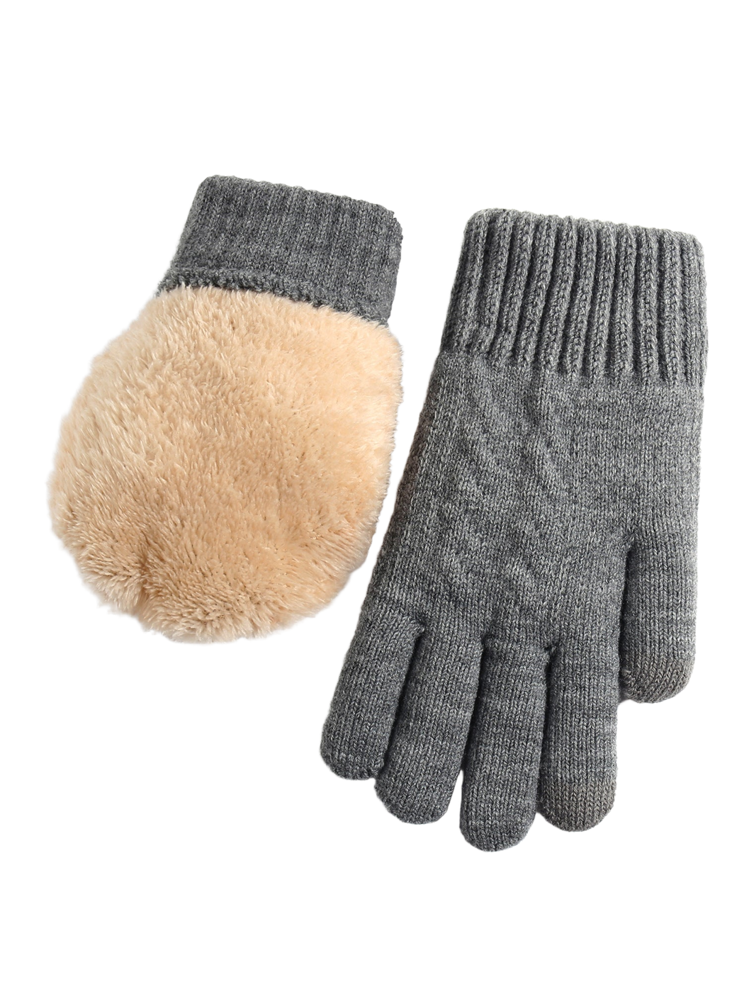 Gray knit gloves with ribbed cuffs and plush interior view