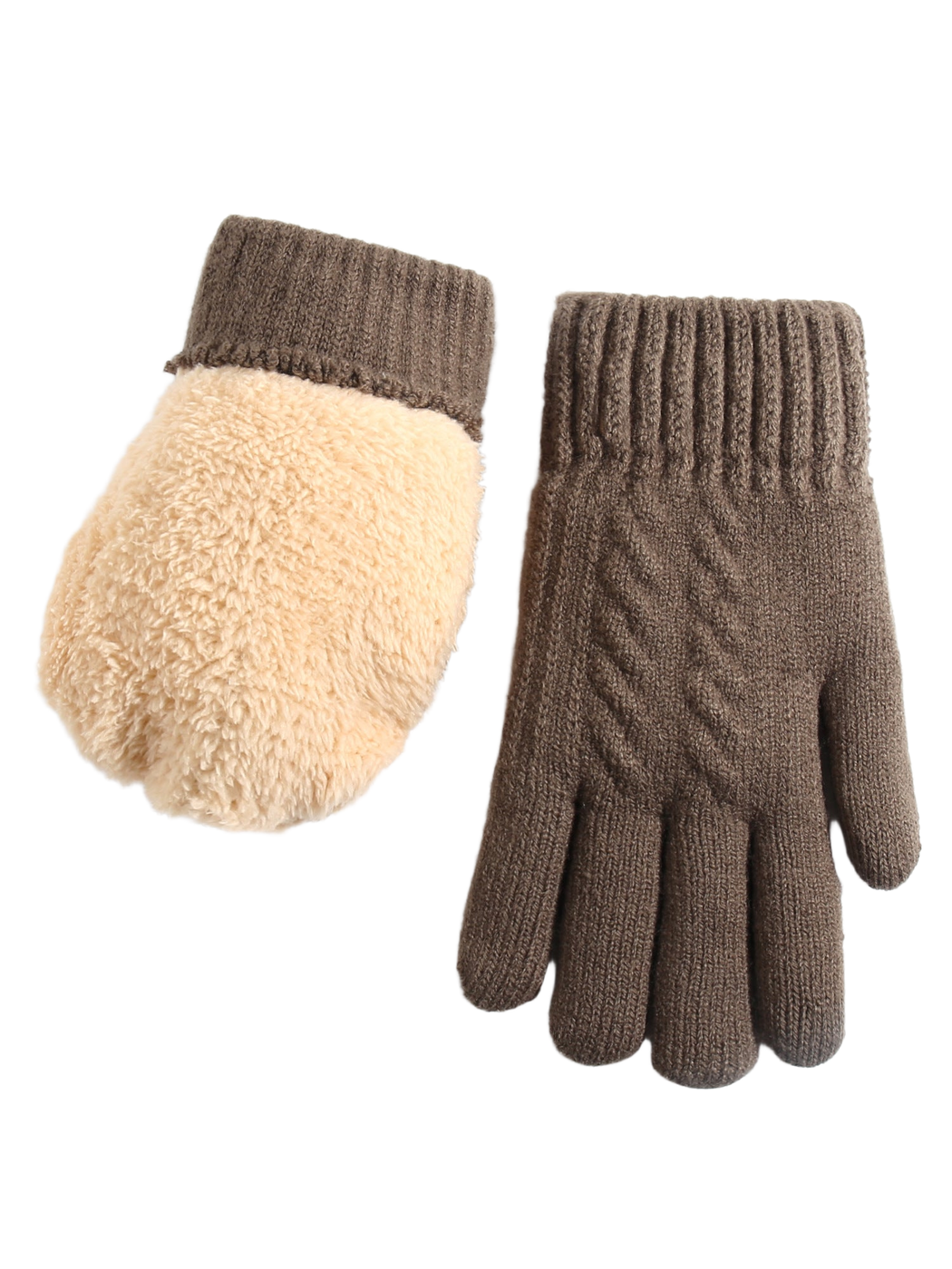Brown knit gloves with ribbed cuffs and plush interior view