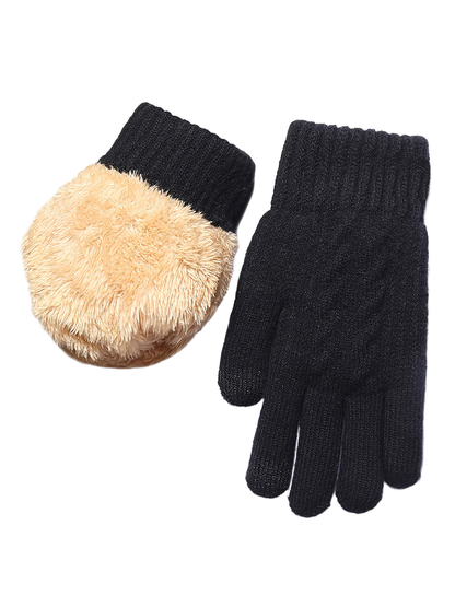 Black knit gloves with ribbed cuffs and diamond pattern