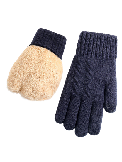 Navy knit gloves with ribbed cuffs and diamond pattern