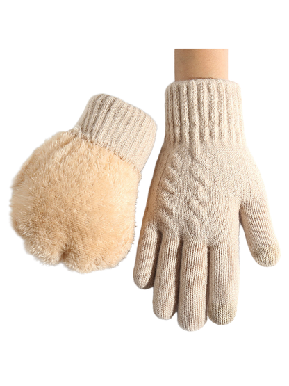 Beige knit gloves with ribbed cuffs and diamond pattern