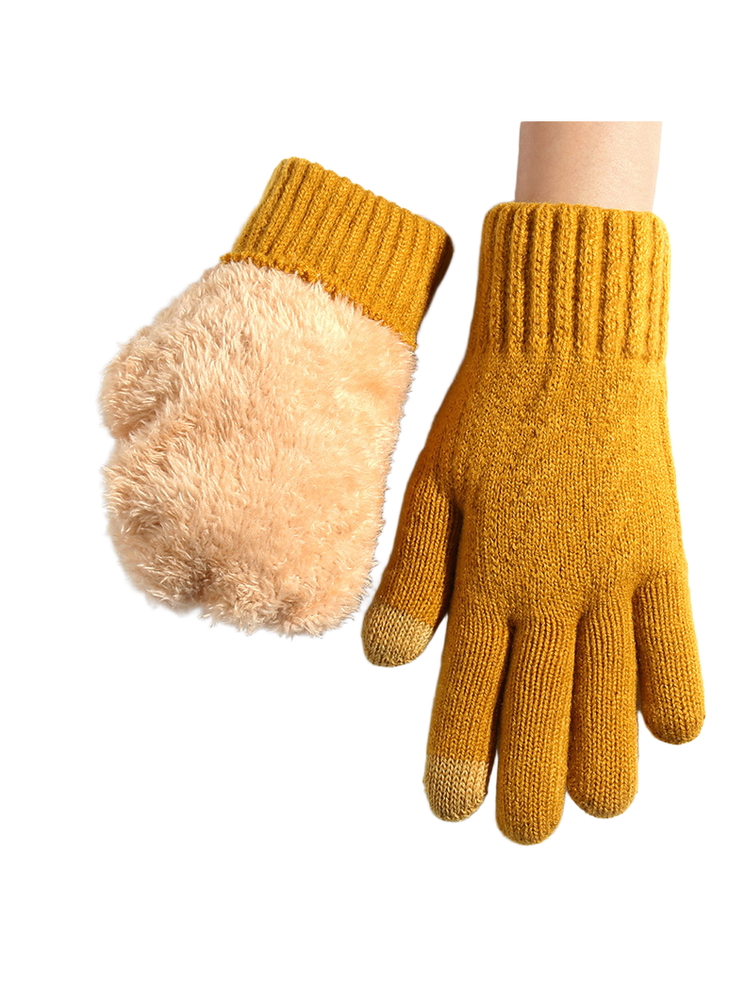 Mustard knit gloves with ribbed cuffs and diamond pattern