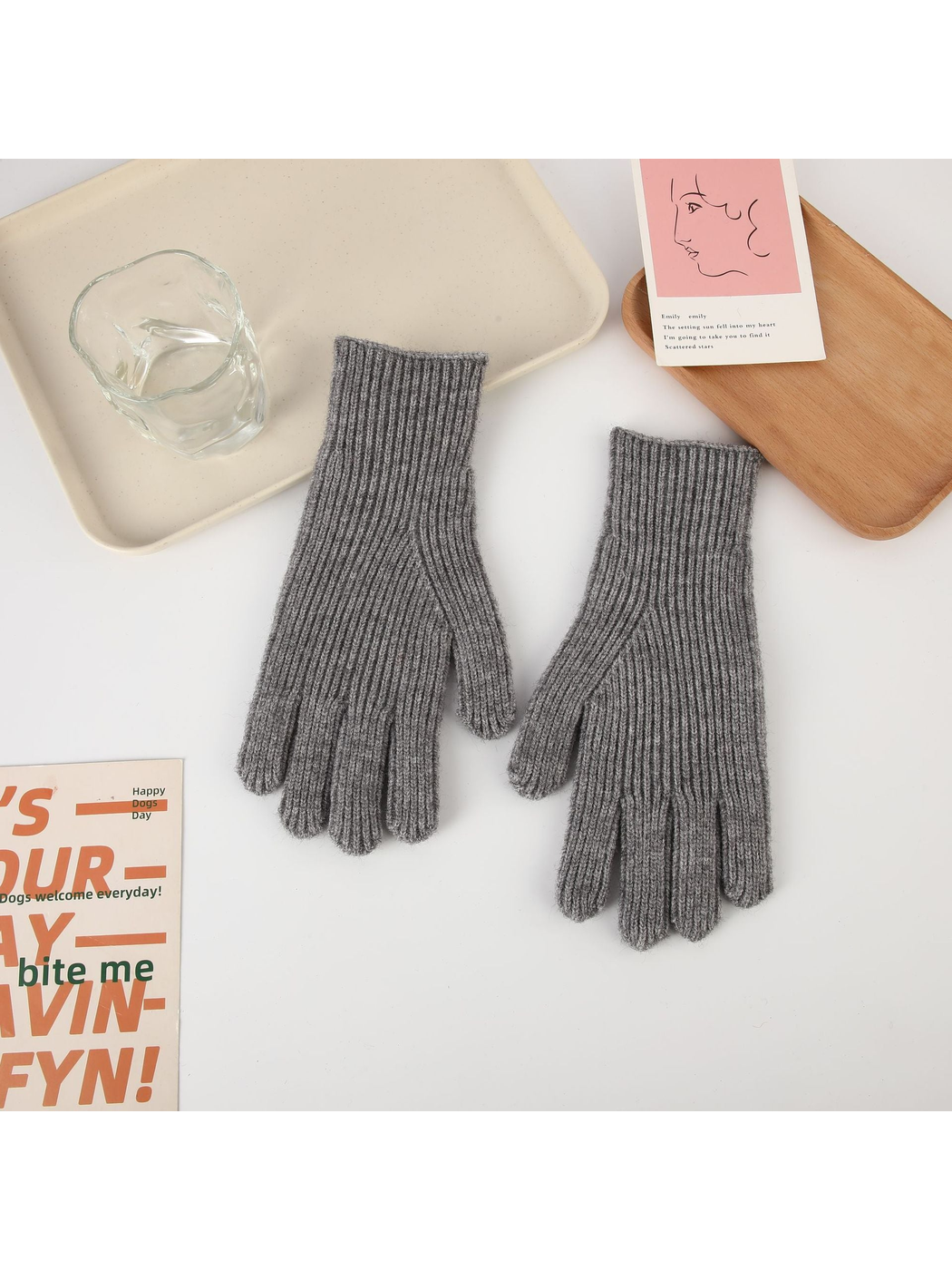 Heather gray ribbed five-finger gloves, top view