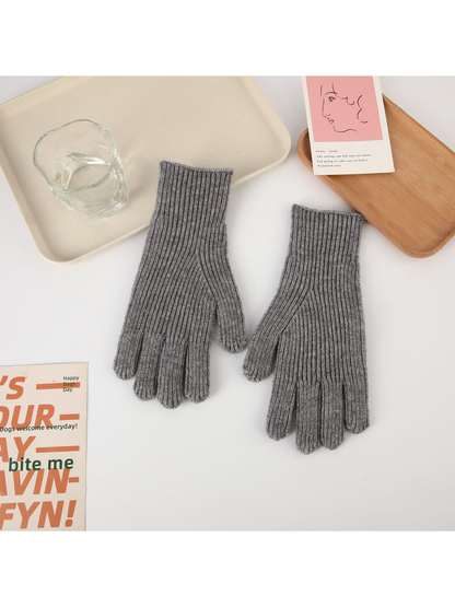 Heather gray ribbed five-finger gloves, top view