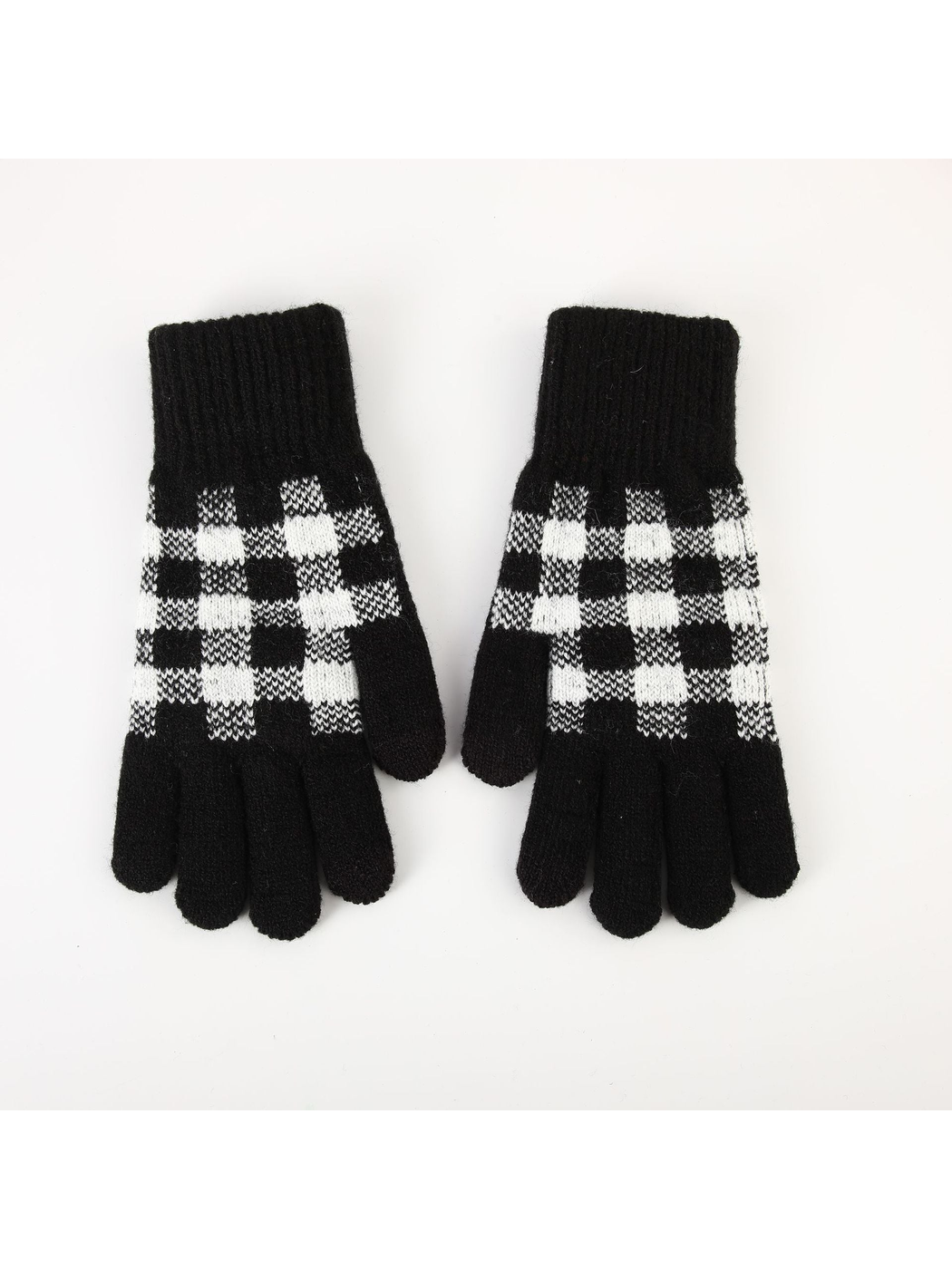 Pair of black gloves with white buffalo-check panels on a white background