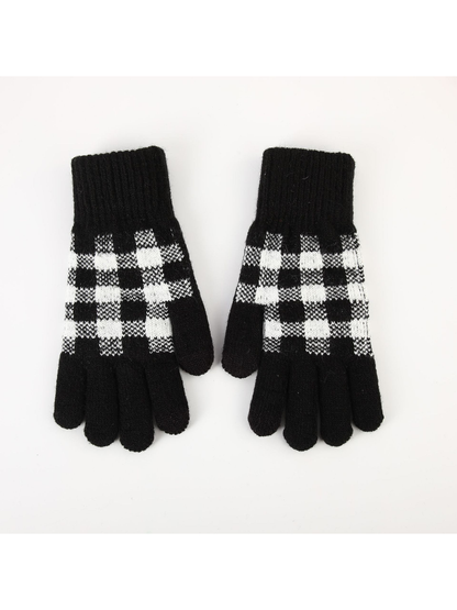 Pair of black gloves with white buffalo-check panels on a white background