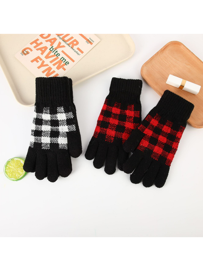Black gloves with red and white buffalo-check patterns displayed together