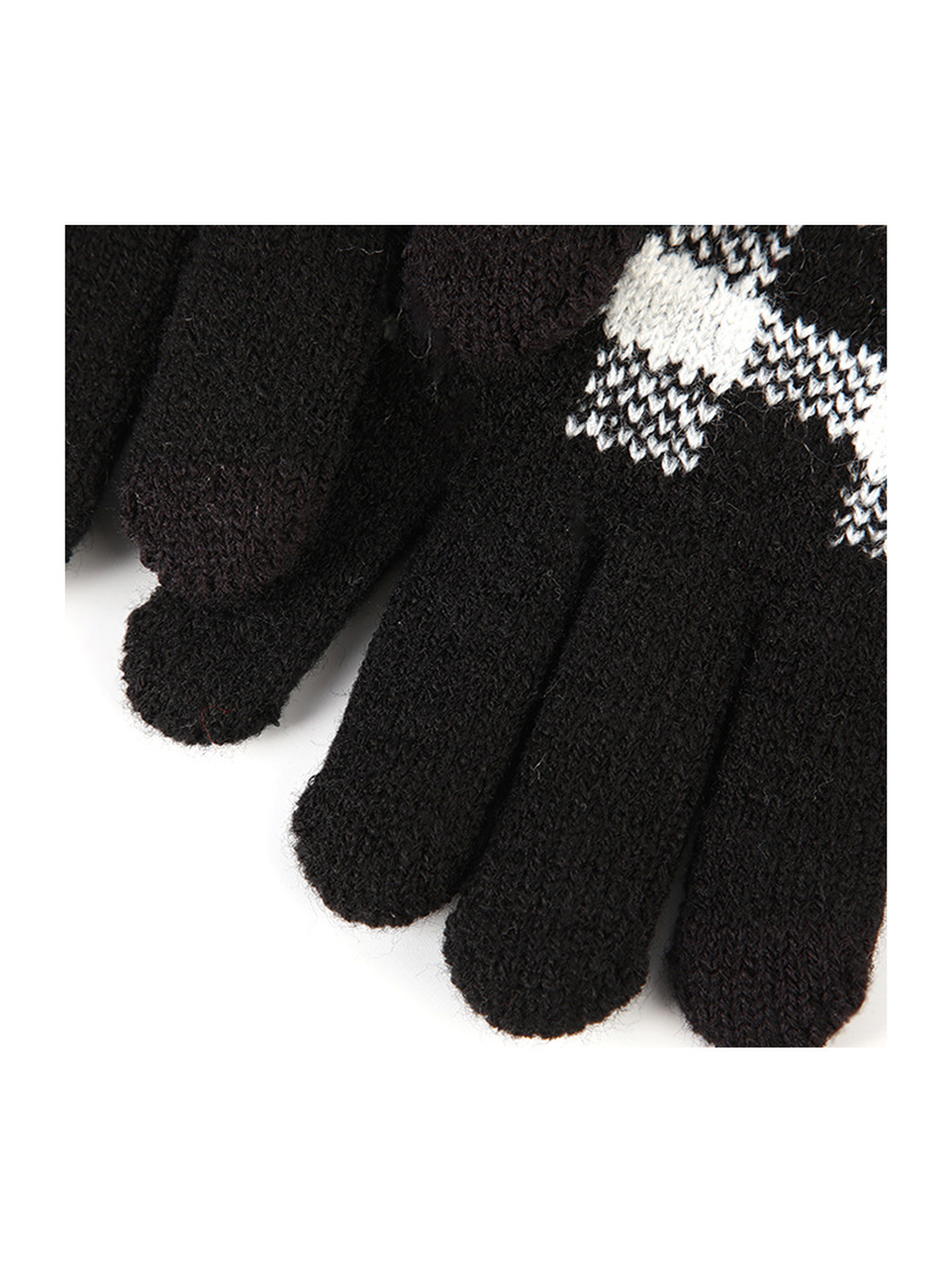 Close-up of the black glove fingers and buffalo-check knit panel