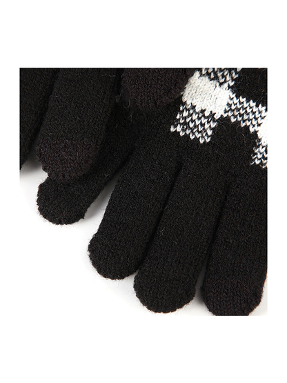 Close-up of the black glove fingers and buffalo-check knit panel