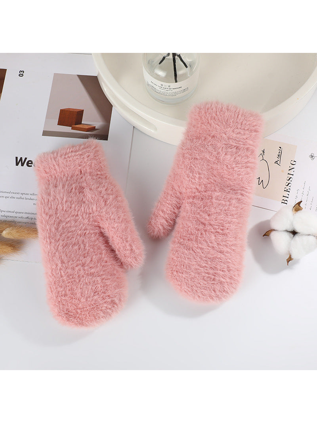 Dusty pink fuzzy mittens with separate thumbs