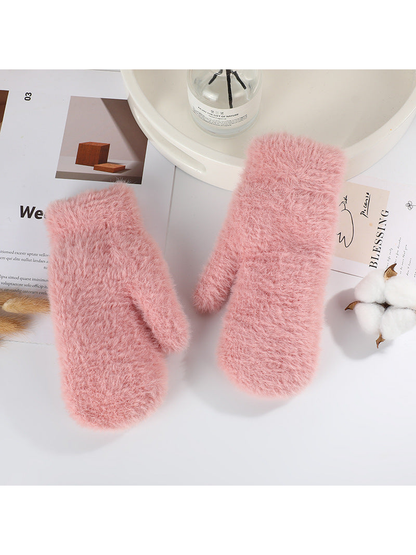 Dusty pink fuzzy mittens with separate thumbs