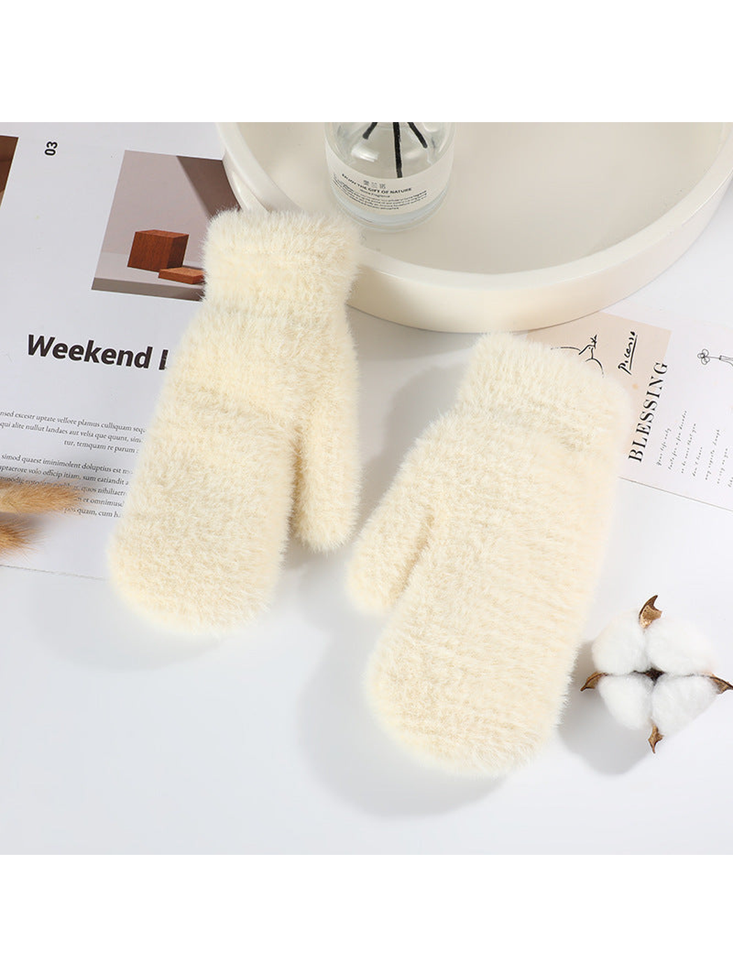 Ivory fuzzy mittens with separate thumbs
