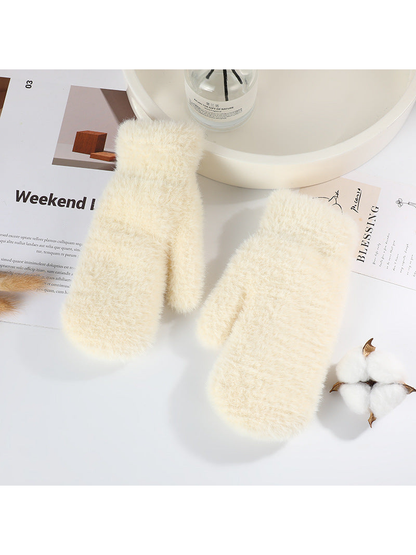Ivory fuzzy mittens with separate thumbs