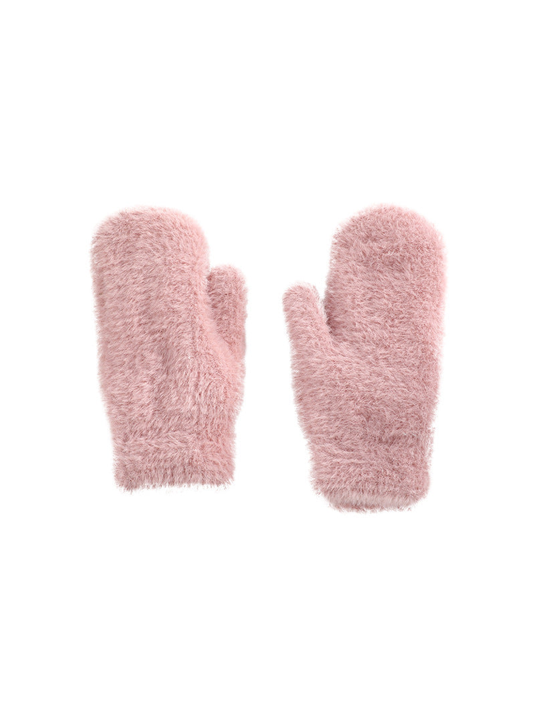 Dusty pink fuzzy mittens on a white background