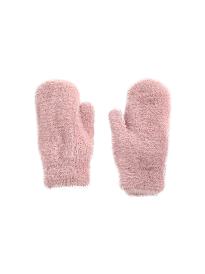 Dusty pink fuzzy mittens on a white background