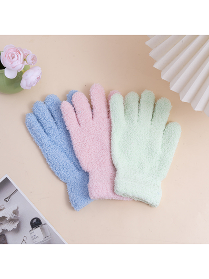 Light blue, pink and mint fuzzy gloves displayed together