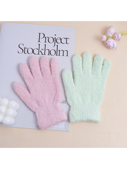 Pink and mint fuzzy gloves displayed side by side