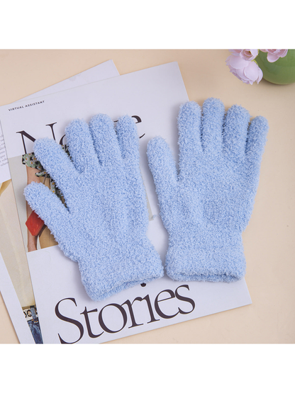 Pair of light blue fuzzy five-finger gloves with extended cuffs