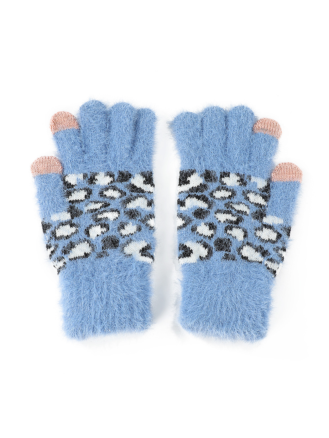 Light blue fuzzy gloves with leopard-pattern panels and pink fingertips