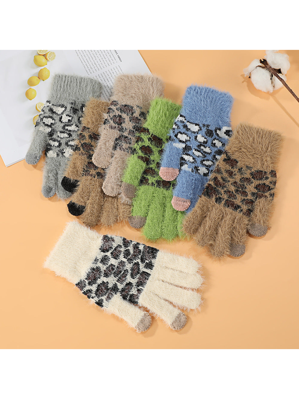 Fuzzy leopard-pattern gloves in seven colors displayed together
