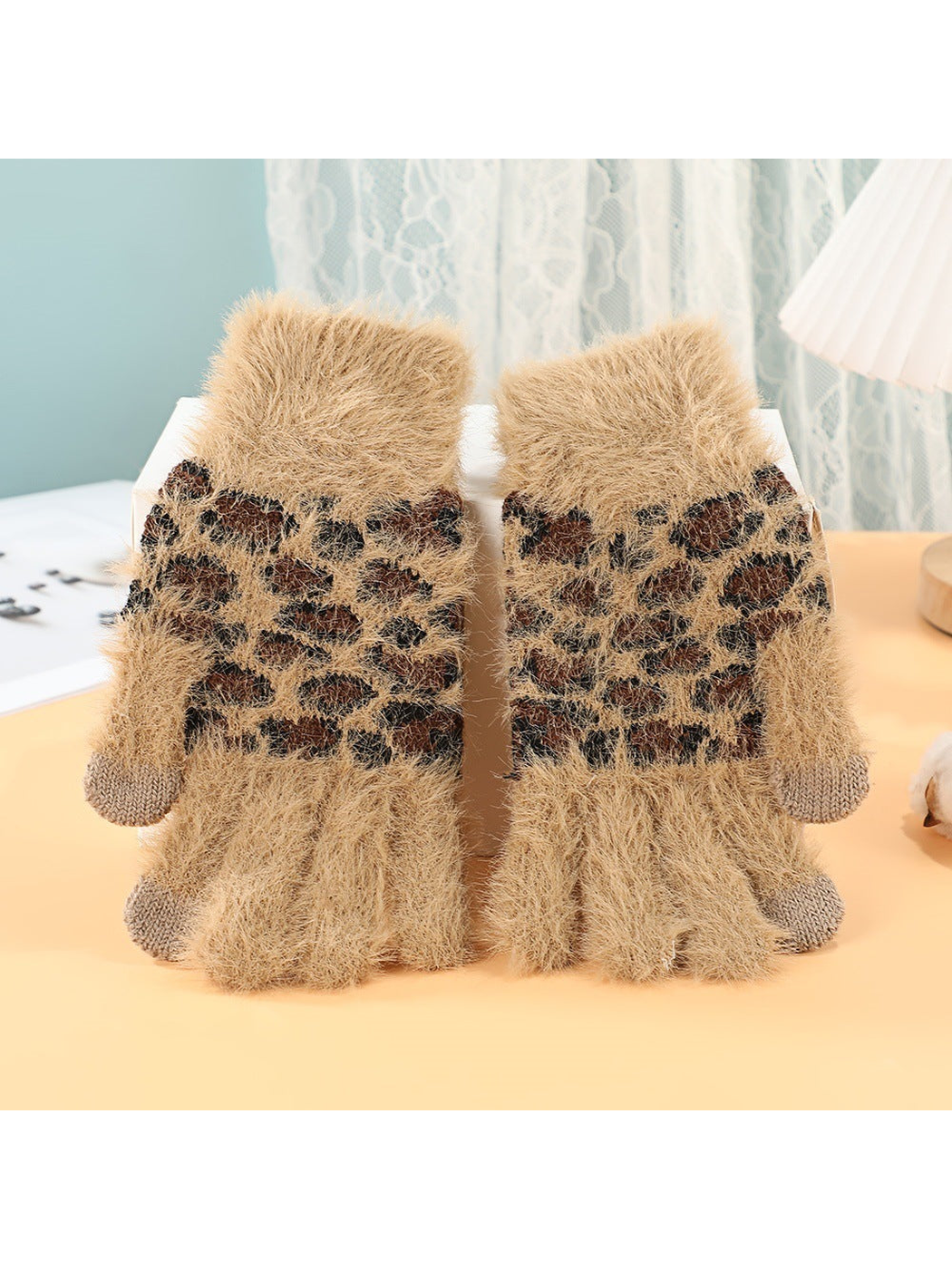 Camel fuzzy gloves with brown and black leopard-pattern panels