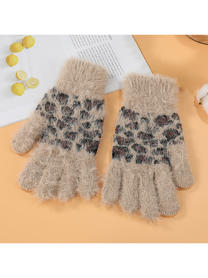 Greige fuzzy gloves with brown and black leopard-pattern panels