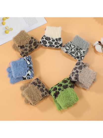 Seven colors of fuzzy leopard-pattern gloves arranged in a circle