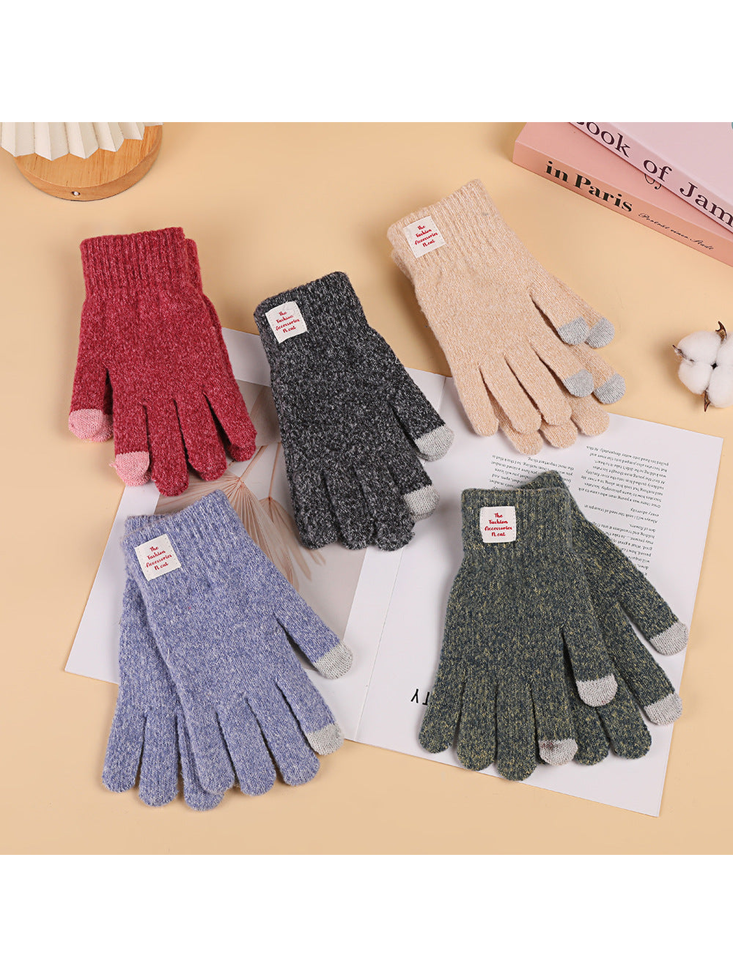 Burgundy, cream, lavender, charcoal and dark green heathered gloves displayed together