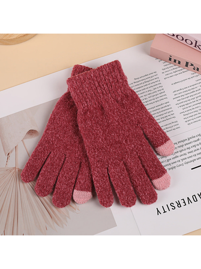 Burgundy heathered gloves with pink contrast fingertips