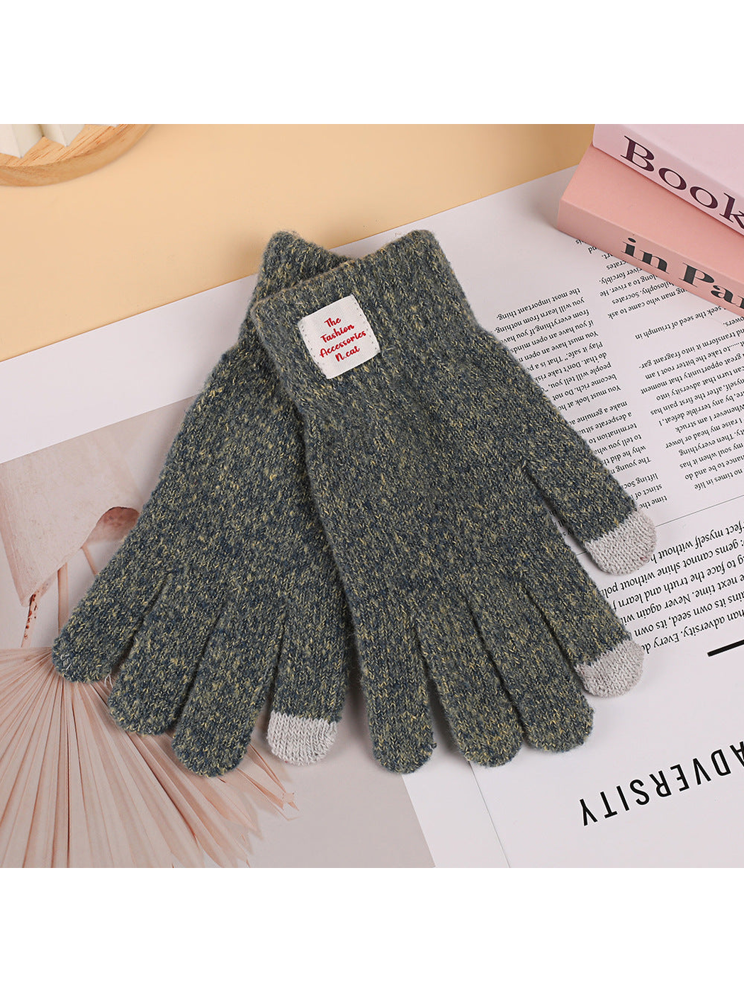 Dark green heathered gloves with gray contrast fingertips