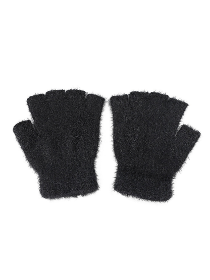 Deep navy fuzzy fingerless gloves on a white background