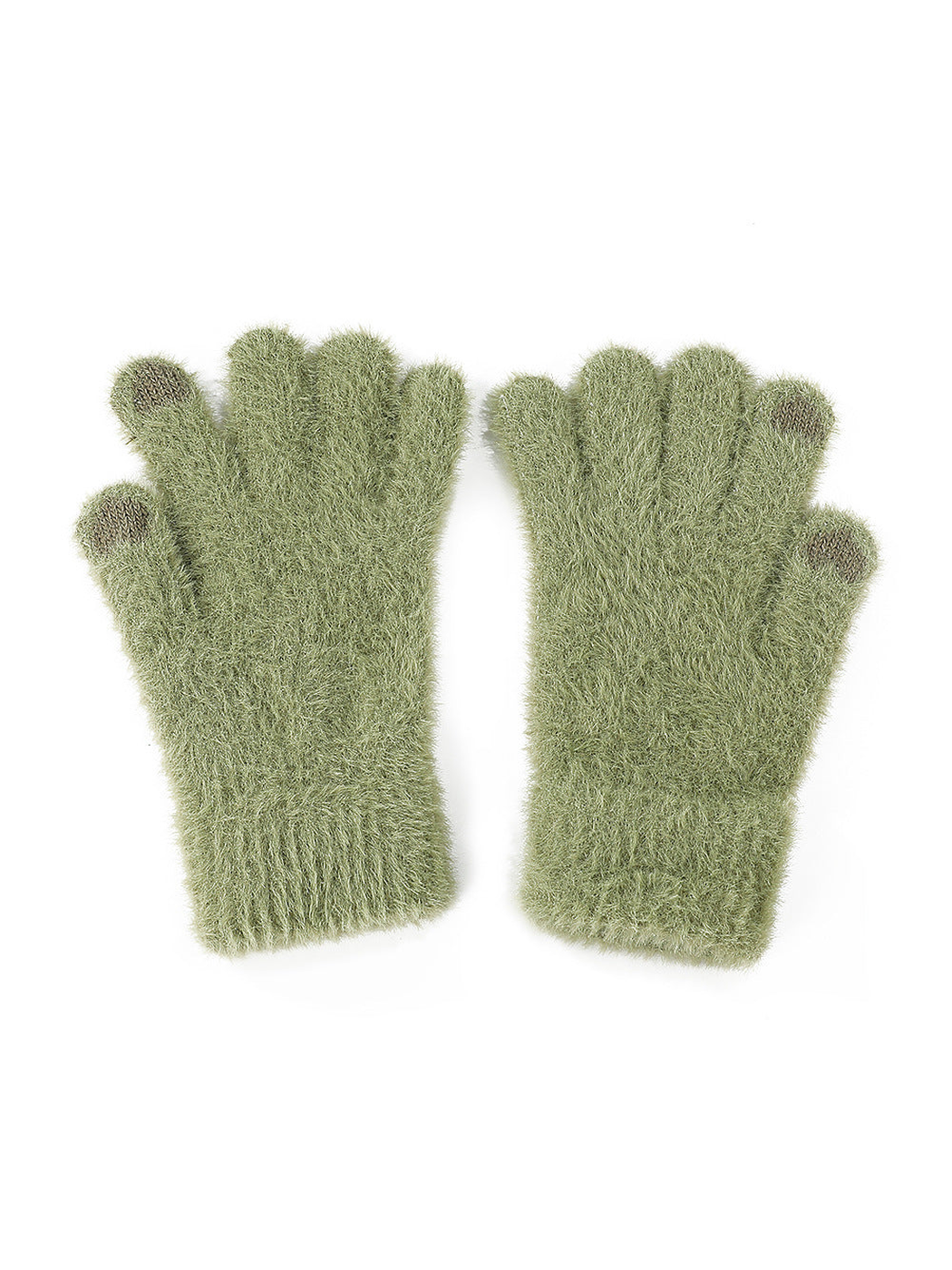 Sage green fuzzy gloves with extended cuffs on a white background