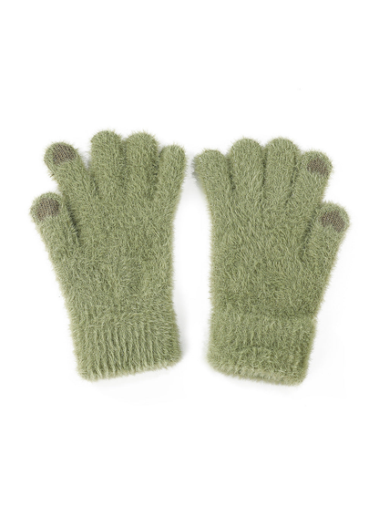 Sage green fuzzy gloves with extended cuffs on a white background
