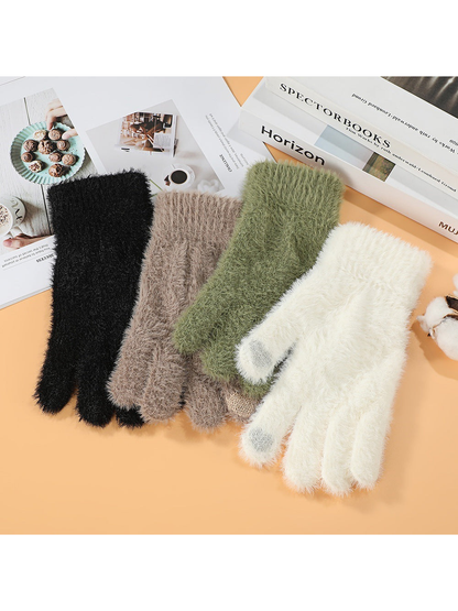 Black, taupe, sage green and ivory fuzzy gloves displayed together