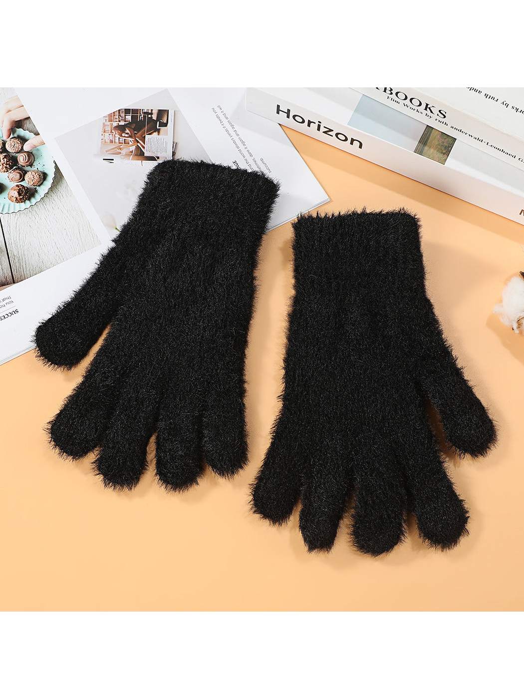 Black fuzzy gloves with extended cuffs, full pair view