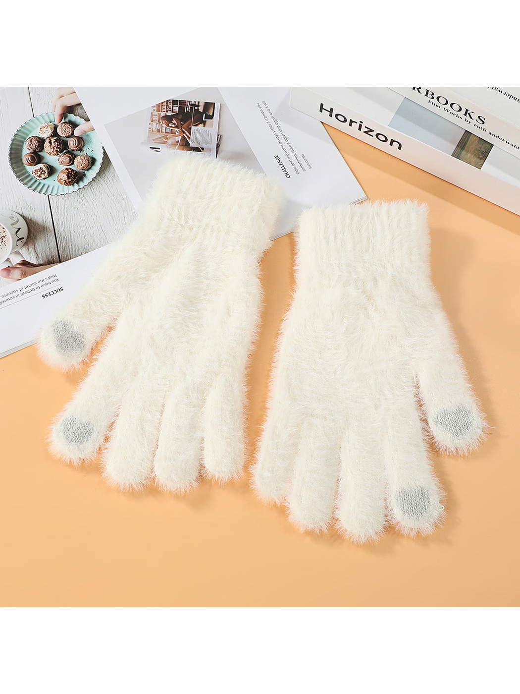 Ivory fuzzy gloves with contrasting fingertip patches, full pair view
