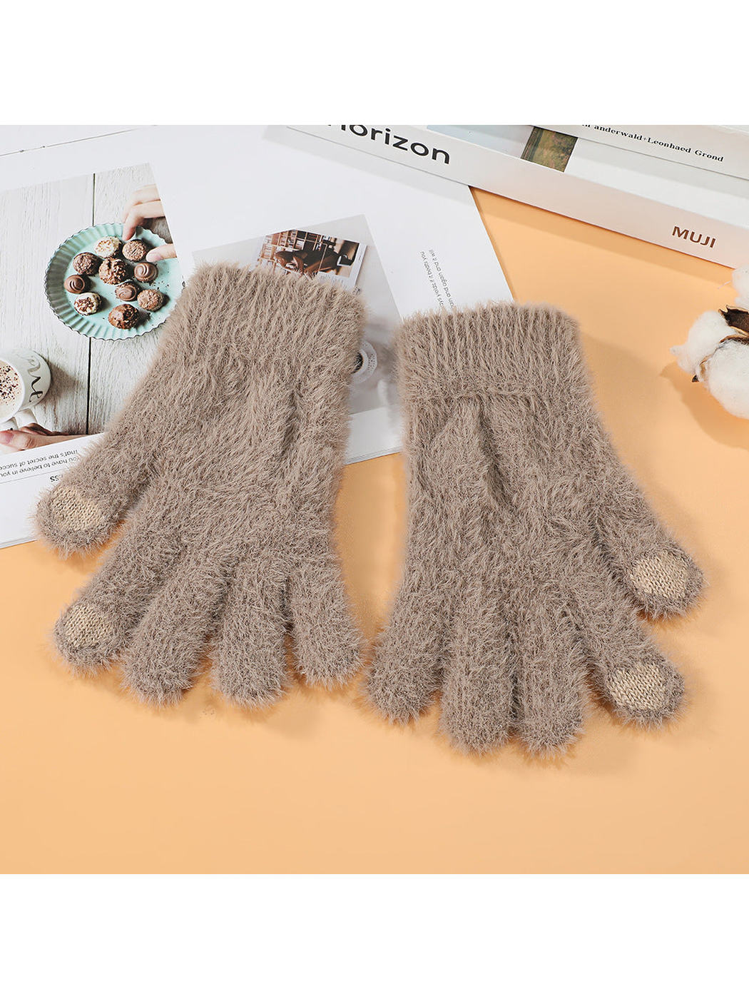 Taupe fuzzy gloves with contrasting fingertip patches, full pair view