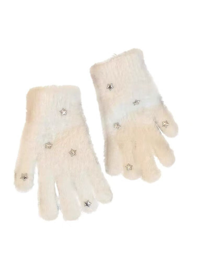 White fuzzy five-finger gloves with scattered silver-tone stars