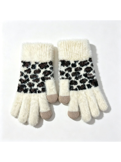 Cream fuzzy leopard-print gloves with contrasting fingertip panels