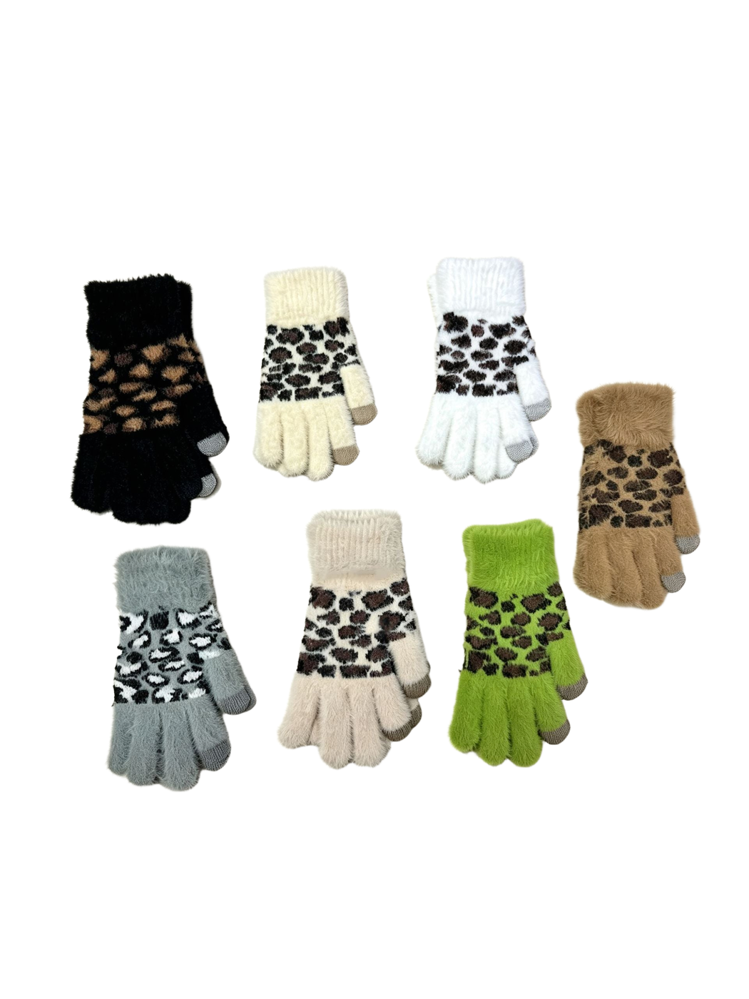 Fuzzy leopard-print gloves in assorted colors arranged together